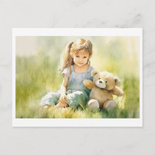 Niedliche Girl Teddy Bear Aquarellmalerei Postkarte