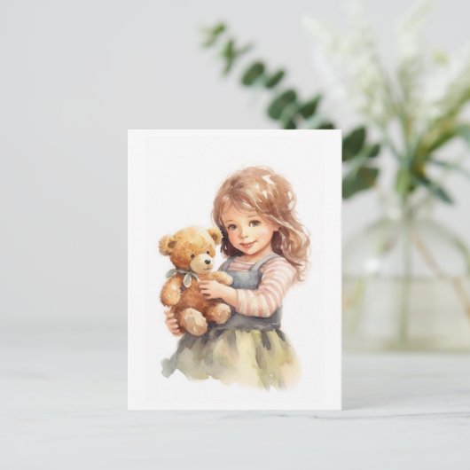 Niedliche Girl Teddy Bear Aquarellmalerei Postkarte (Stehend Vorderseite)