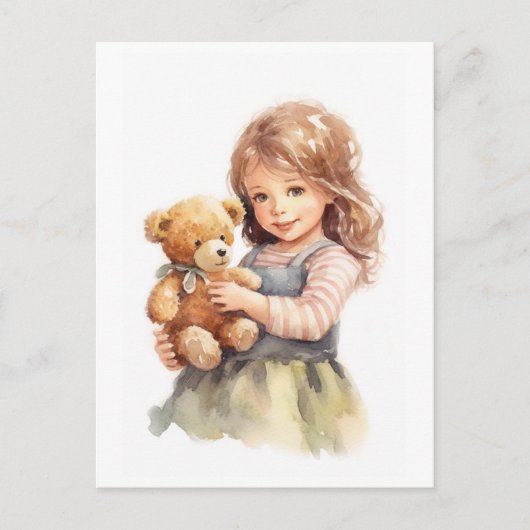Niedliche Girl Teddy Bear Aquarellmalerei Postkarte (Vorderseite)