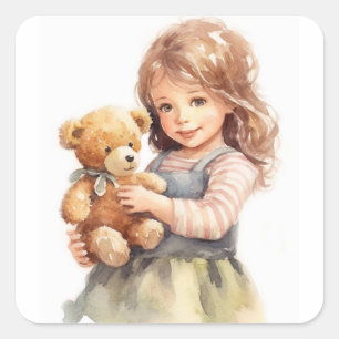 Niedliche Girl Teddy Bear Aquarellmalerei Quadratischer Aufkleber