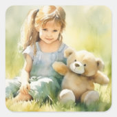 Niedliche Girl Teddy Bear Aquarellmalerei Quadratischer Aufkleber (Vorderseite)