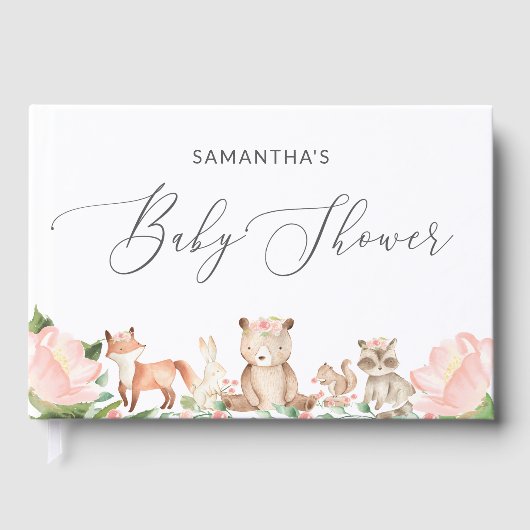 Niedliche Girl Woodland Animals Pink Baby Dusche Gästebuch (Vorderseite)