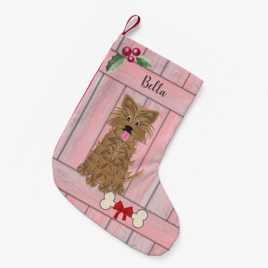 Niedliche Girl Yorkie Pink-Holzzaun-Monogramm Kleiner Weihnachtsstrumpf (Vorderansicht (hängend))