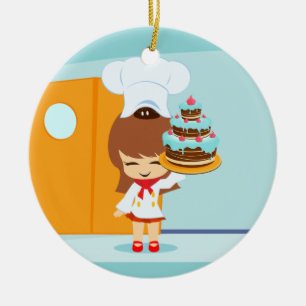 Niedliche Girlhaltung Schokolade Geburtstagskuchen Keramik Ornament