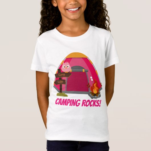 Niedliche Girls Camping Rocks hinzufügen Name-Nach T-Shirt (Vorderseite)