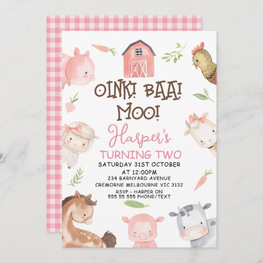 Niedliche Girls Minimalistisch Farm Thema Geburtst Einladung (Vorne/Hinten)