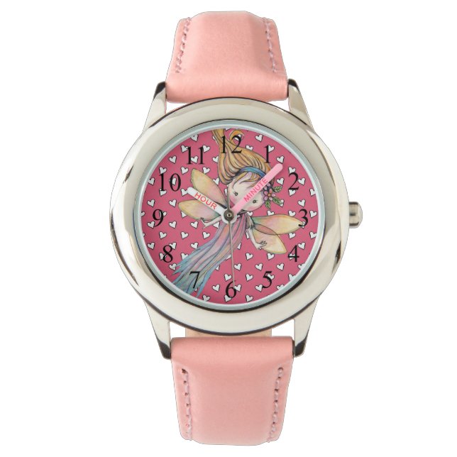 Niedliche Girls Rosa Fee und Herz beobachten Armbanduhr (Vorderseite)