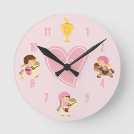 Niedliche Girls und Ponys mit englischer Tack Pink Runde Wanduhr