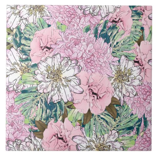 Niedliche Girly Blush Pink & White Floral Illustra Fliese (Vorderseite)