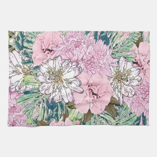 Niedliche Girly Blush Pink & White Floral Illustra Geschirrtuch (Horizontal)