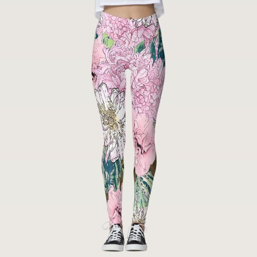 Niedliche Girly Blush Pink & White Floral Illustra Leggings (Vorderseite)
