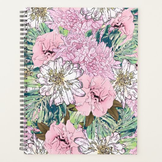 Niedliche Girly Blush Pink & White Floral Illustra Planer (Vorderseite)