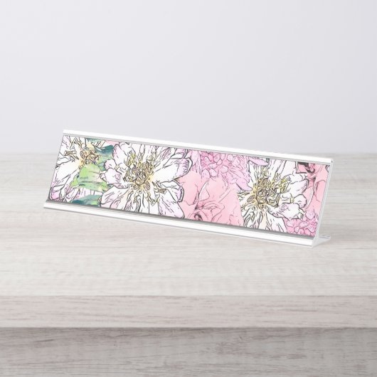 Niedliche Girly Blush Pink & White Floral Illustra Schreibtischnamensplakette (Vorderseite )