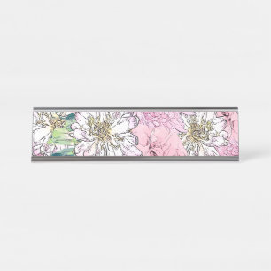 Niedliche Girly Blush Pink & White Floral Illustra Schreibtischnamensplakette