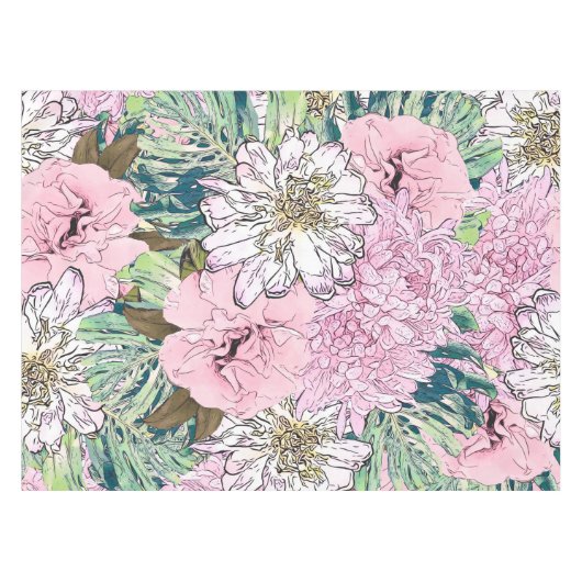Niedliche Girly Blush Pink & White Floral Illustra Tischdecke (Vorderseite (Horizontal))