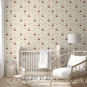 Niedliche Girly Bows Cherries auf Beige Creme Tapete