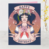 Niedliche Girly Cartoon Selfie Girl Camera Geburts Karte (Gelbe Blume)