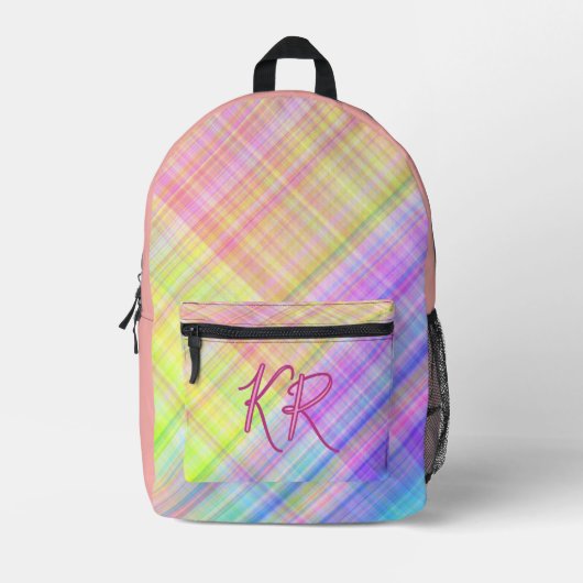 Niedliche Girly Checkered Kariert Initials Pink Pa Bedruckter Rucksack (Vorderseite)