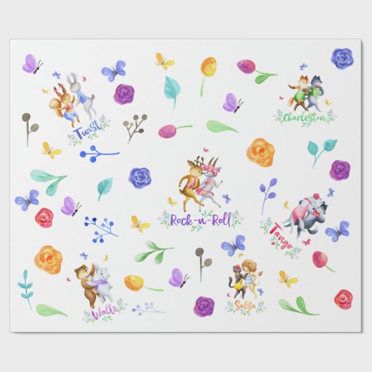 Niedliche Girly Forest Animals Ballroom Dancing Geschenkpapier (Flach)