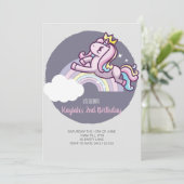 Niedliche Girly Lila Magical Unicorn Einladung (Stehend Vorderseite)