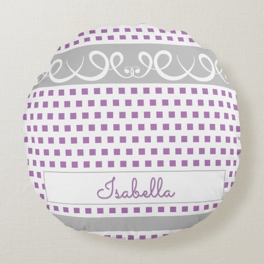Niedliche Girly Lila Polka Dots & Wirbel Script Na Rundes Kissen (Vorderseite)