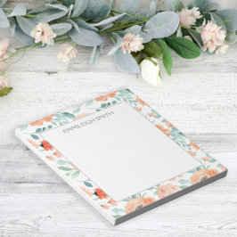 Niedliche Girly Peach Blume Grüne Blätter Notepad Notizblock