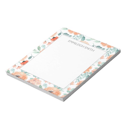 Niedliche Girly Peach Blume Grüne Blätter Notepad Notizblock (Rotiert)