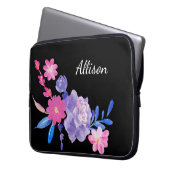 Niedliche Girly Pink Black Floral Monogram Blume L Laptopschutzhülle (Vorderseite Links)