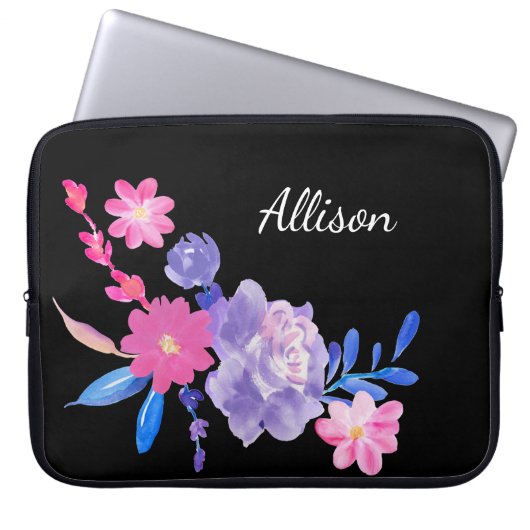 Niedliche Girly Pink Black Floral Monogram Blume L Laptopschutzhülle (Vorderseite)