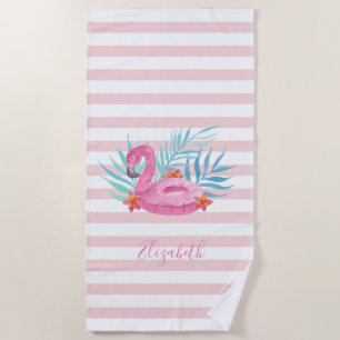 Niedliche Girly Pink Flamingo, Palm-Blätter, Strei Strandtuch
