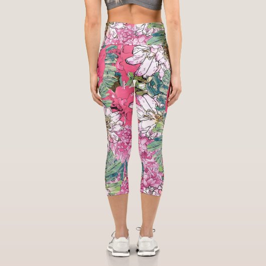 Niedliche Girly Pink & Green Floral Illustration Capri Leggings (Rückseite)