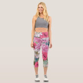 Niedliche Girly Pink & Green Floral Illustration Capri Leggings (Vorderseite)