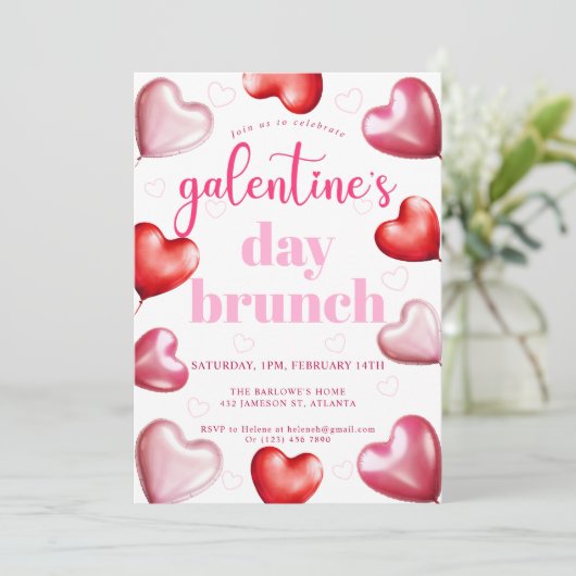 Niedliche Girly Pink Hearts Galentine's Day Brunch Einladung (Stehend Vorderseite)