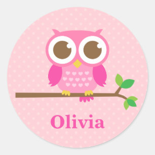 Niedliche Girly Pink Owl auf der Zweigstelle für M Runder Aufkleber