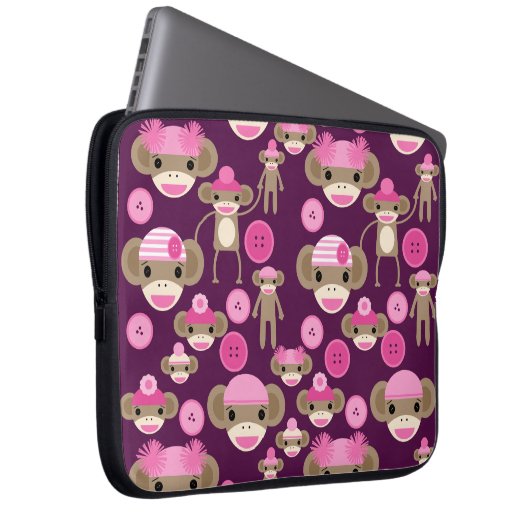 Niedliche Girly Pink Sock Affen Girls auf Lila Laptopschutzhülle (Vorne Rechts)