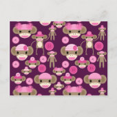 Niedliche Girly Pink Sock Affen Girls auf Lila Postkarte (Vorderseite)