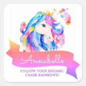 Niedliche Girly Rainbow Unicorn Wasserfarbe und Na Quadratischer Aufkleber (Vorderseite)