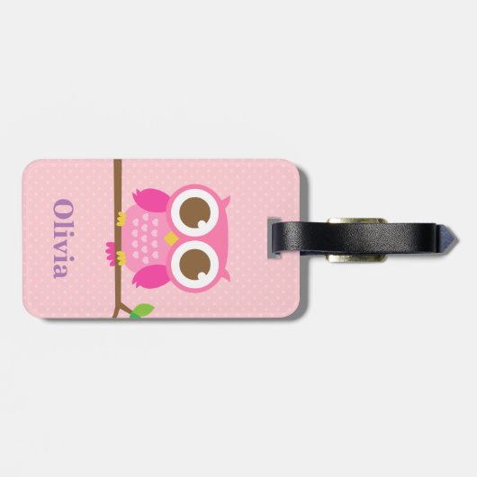 Niedliche Girly rosa Eule auf Niederlassung für Gepäckanhänger (Rückseite horizontal)