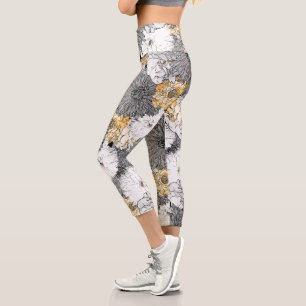 Niedliche Girly Yellow & GraublütenIllustration Capri Leggings