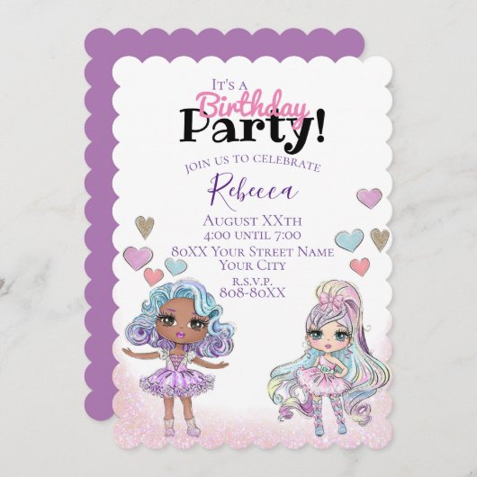 Niedliche Glitzer-Puppen und Herz-Girl-Party Einladung (Vorne/Hinten)