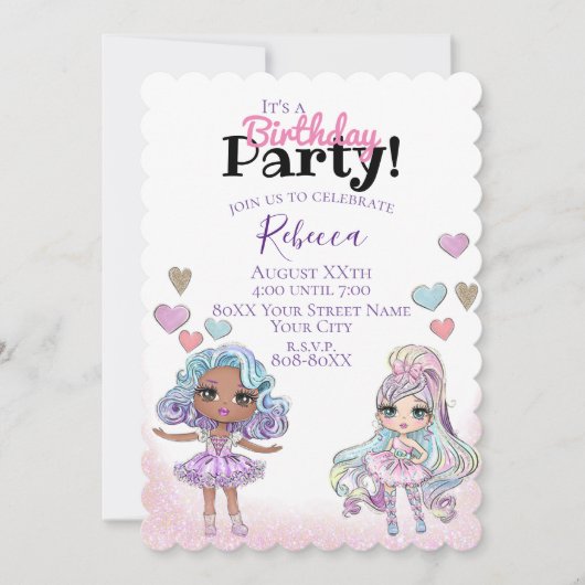 Niedliche Glitzer-Puppen und Herz-Girl-Party Einladung (Vorderseite)