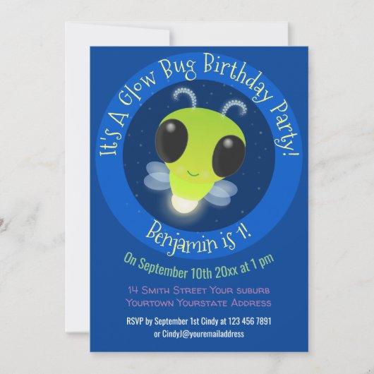 Niedliche Glow Bug Firefrefly Cartoon Abbildung Einladung (Vorderseite)