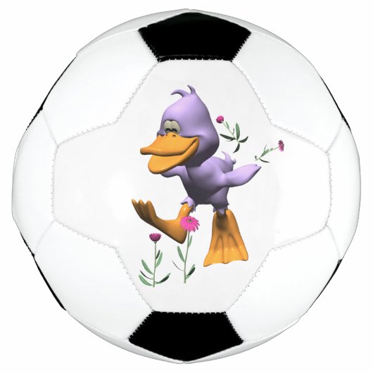 Niedliche glückliche Cartoon-Ente, die durch Blume Fußball (Vorderseite)