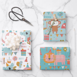 Niedliche glückliche Geburtstagstiere Koala Lion  Geschenkpapier Set