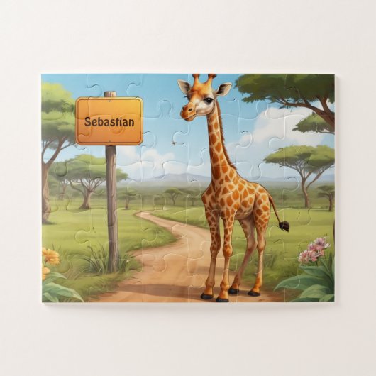 Niedliche glückliche Giraffe in Savanne mit Namen Puzzle (Horizontal)