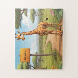Niedliche glückliche Giraffe in Savanne mit Namen Puzzle