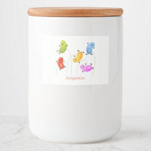 Niedliche glückliche Jellybohnen springende Cartoo Lebensmitteletikett