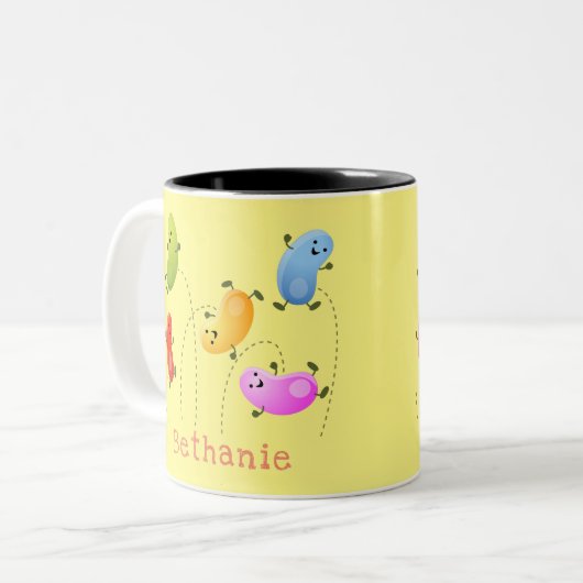 Niedliche glückliche Jellybohnen springende Cartoo Zweifarbige Tasse (Vorderseite Links)