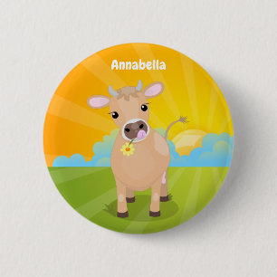 Niedliche glückliche Jersey-Kuh und Blume Cartoon Button