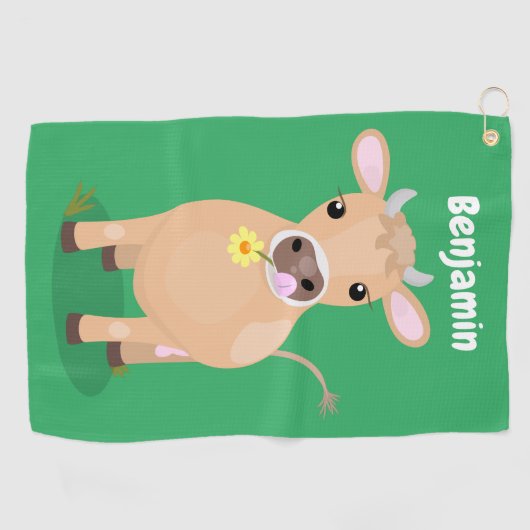 Niedliche glückliche Jersey-Kuh und Blume Cartoon Golfhandtuch (Horizontal)